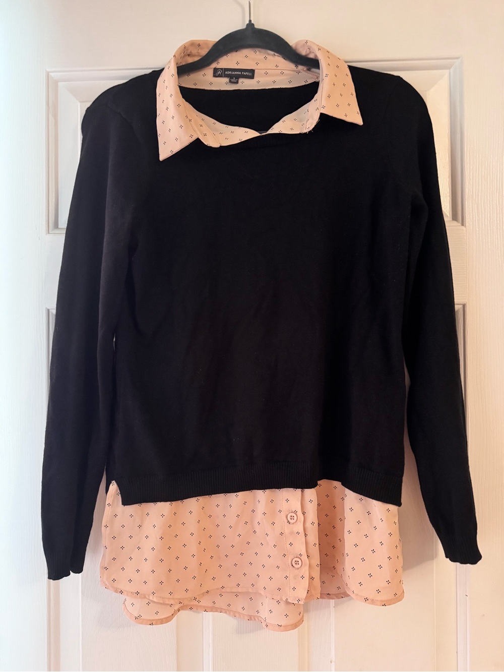 Adrianna Papell Black Layered Sweater with Peach Printed Mock Shirt